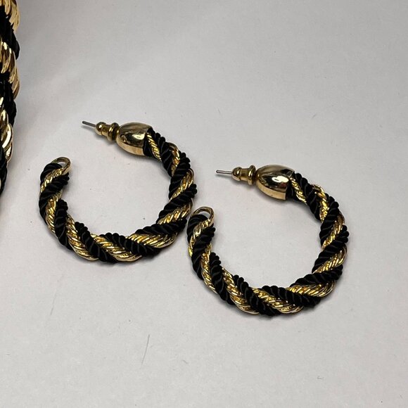 Gold & Black Braided Rope Necklace & Hoop Earrings Set - Picture 3 of 4